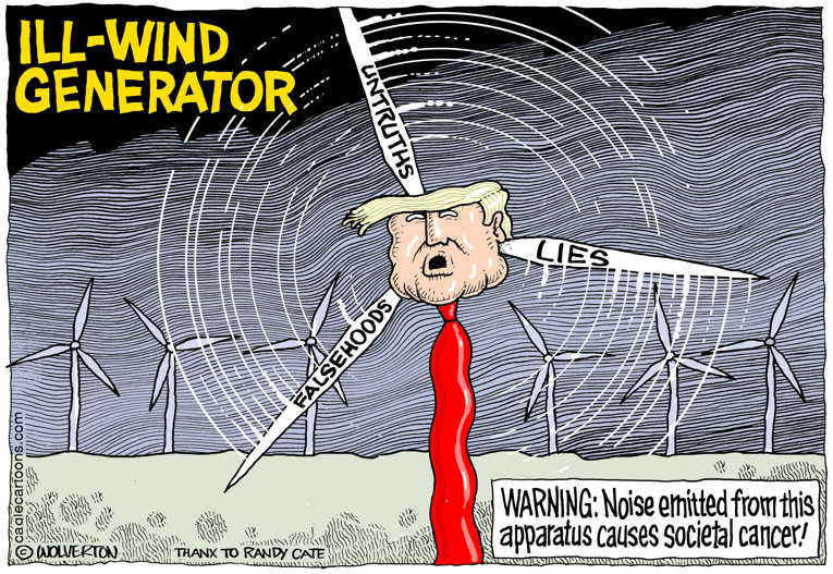 Political/Editorial Cartoon by Monte Wolverton, Cagle Cartoons on Trump: Windmills Cause Cancer