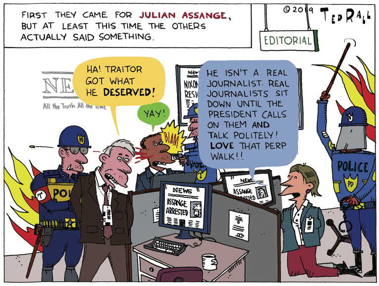 Political/Editorial Cartoon by Ted Rall on Assange’s Future in Doubt