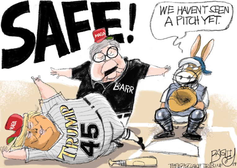 Political/Editorial Cartoon by Pat Bagley, Salt Lake Tribune on Barr Proving Loyalty