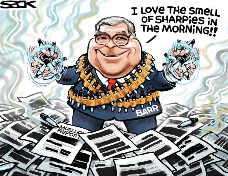 Political/Editorial Cartoon by Steve Sack, Minneapolis Star Tribune on Barr Proving Loyalty