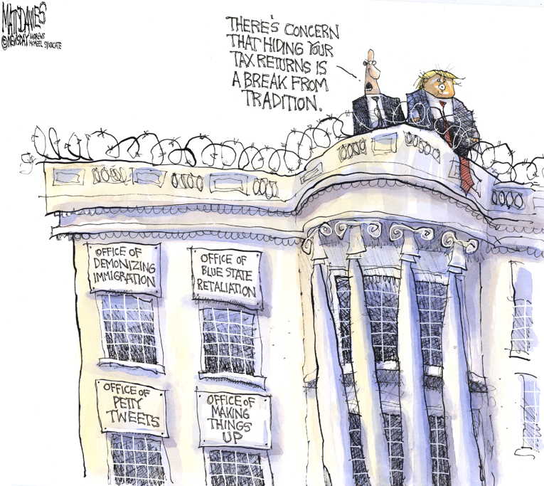 Political/Editorial Cartoon by Matt Davies, Journal News on President Changes His Tune