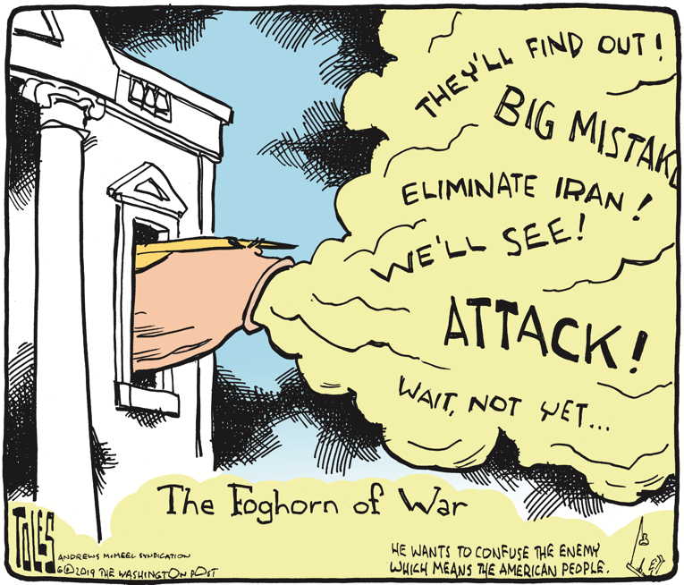 Political/Editorial Cartoon by Tom Toles, Washington Post on Iran Shoots Down US Spy Drone