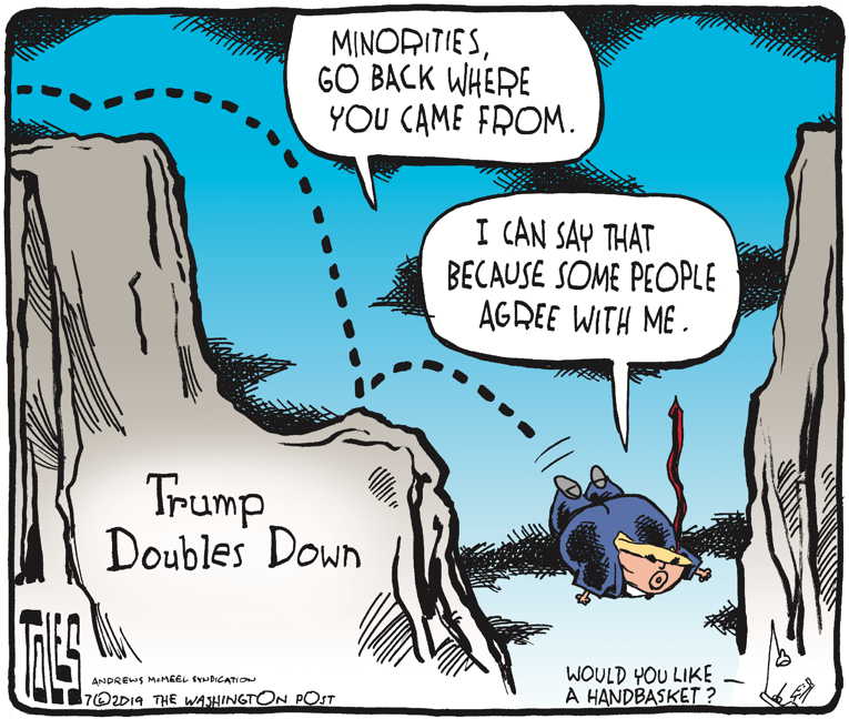 Political/Editorial Cartoon by Tom Toles, Washington Post on Trump Issues Racist Tweets