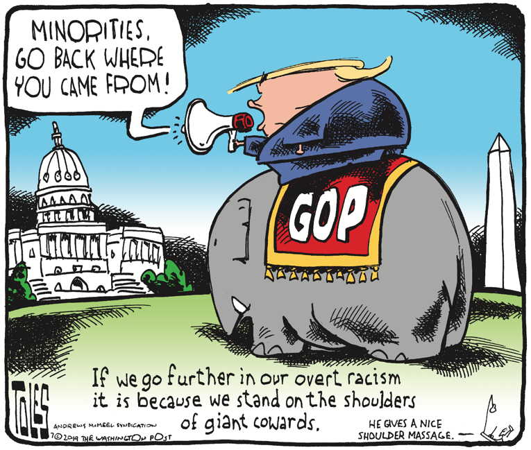 Political/Editorial Cartoon by Tom Toles, Washington Post on Trump Issues Racist Tweets