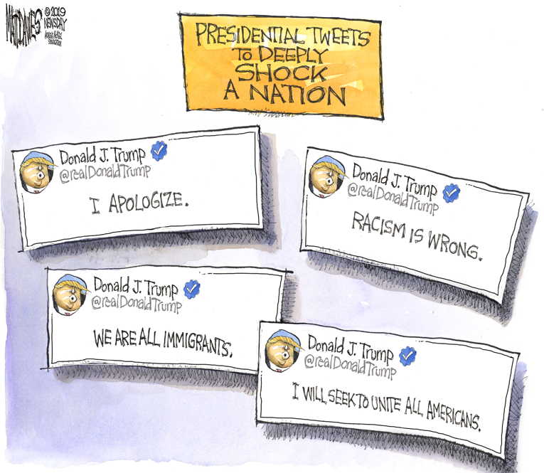 Political/Editorial Cartoon by Matt Davies, Journal News on Trump Issues Racist Tweets