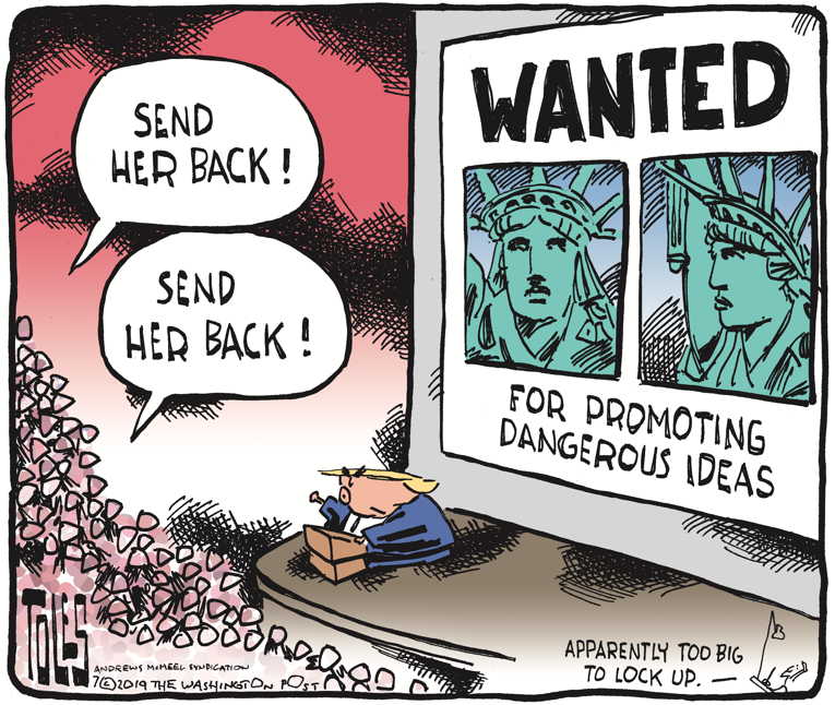 Political/Editorial Cartoon by Tom Toles, Washington Post on President Continues Racist Tweets