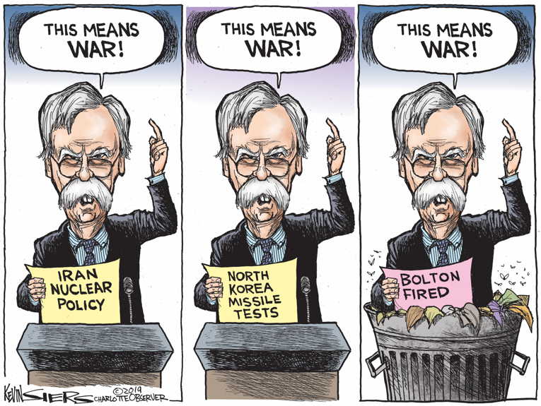 Political/Editorial Cartoon by Kevin Siers, Charlotte Observer on Bolton Fired!