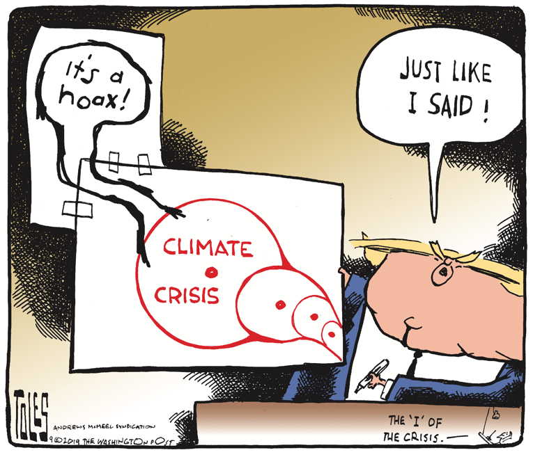 Political/Editorial Cartoon by Tom Toles, Washington Post on Hurricane Defies President