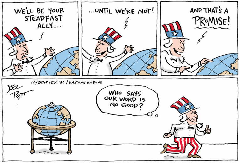 Political/Editorial Cartoon by Joel Pett, Lexington Herald-Leader, CWS/CartoonArts Intl. on Trump Revels in Killing