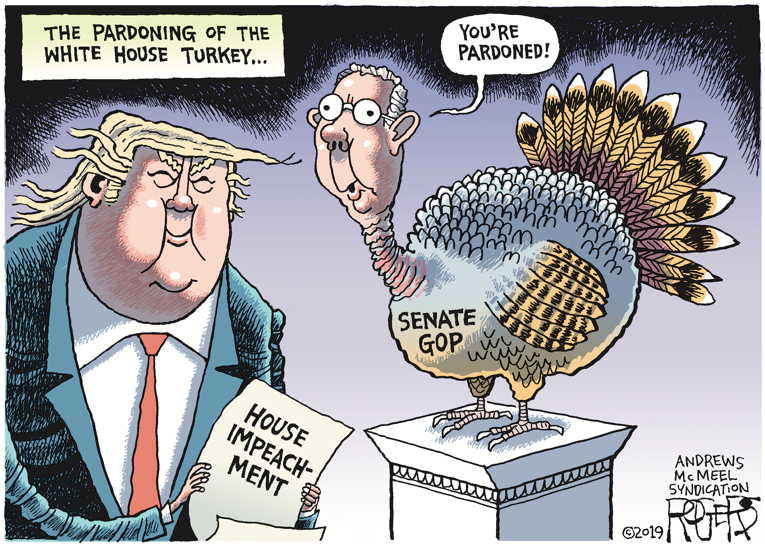 Political/Editorial Cartoon by Rob Rogers on Impeachment Battle Underway