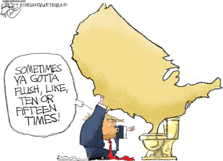 Political/Editorial Cartoon by Pat Bagley, Salt Lake Tribune on Toilet Issues Hamper President