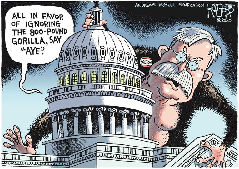 Political/Editorial Cartoon by Rob Rogers, The Pittsburgh Post-Gazette on Bolton Bombs Trump Cult