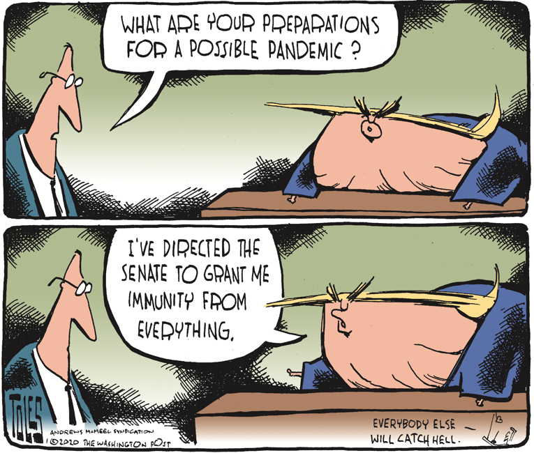 Political/Editorial Cartoon by Tom Toles, Washington Post on Corona Virus Spreading