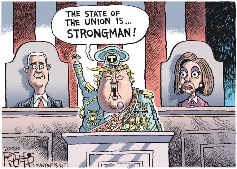 Political Cartoon on 'Trump Performs' by Rob Rogers at The Comic News