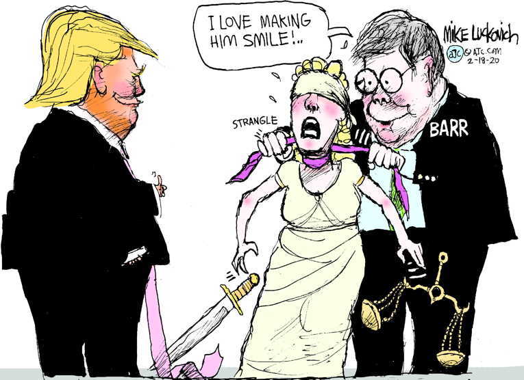 Political/Editorial Cartoon by Mike Luckovich, Atlanta Journal-Constitution on Barr Shuns Limelight