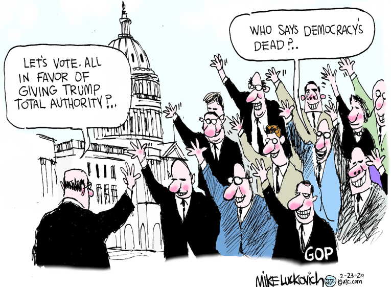 Political/Editorial Cartoon by Mike Luckovich, Atlanta Journal-Constitution on Trump Cleaning House