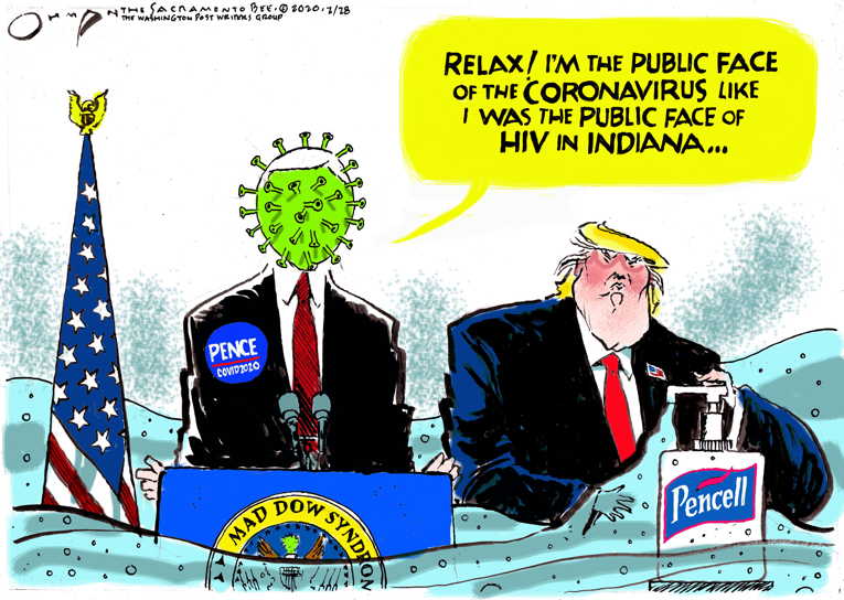 Political/Editorial Cartoon by Jack Ohman, The Oregonian on Pence Named to Head Virus Response