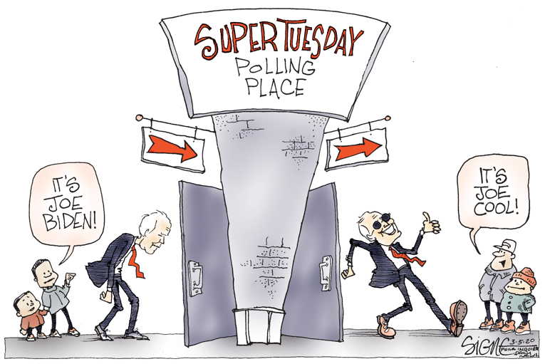 Political/Editorial Cartoon by Signe Wilkinson, Philadelphia Daily News on Super Tuesday Surprise