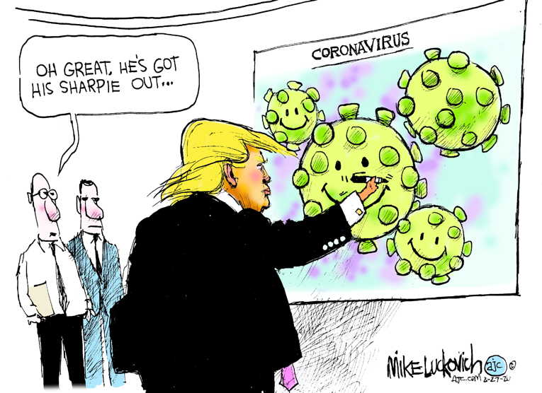 Political/Editorial Cartoon by Mike Luckovich, Atlanta Journal-Constitution on Trump Attempts to Reassure Nation