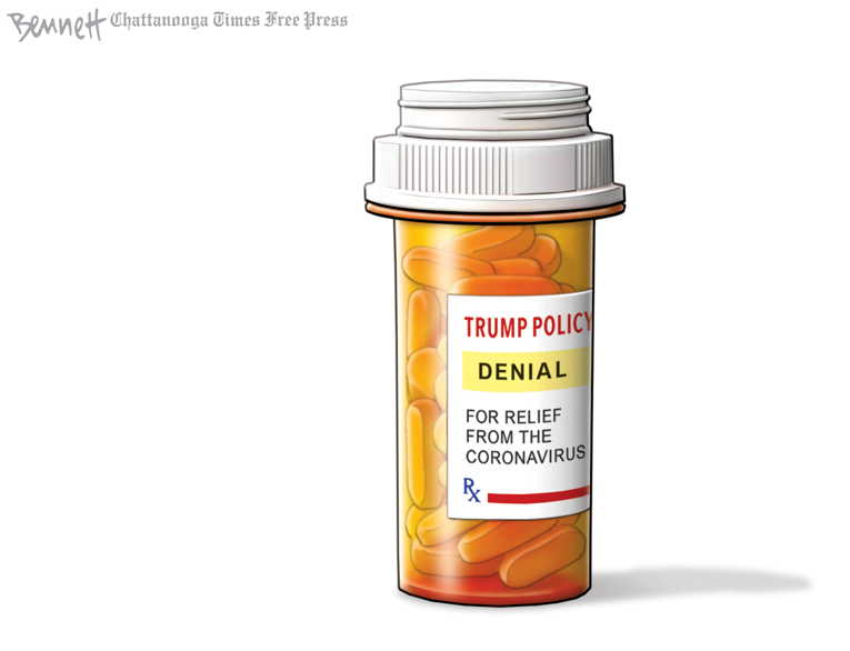 Political/Editorial Cartoon by Clay Bennett, Chattanooga Times Free Press on Trump Attempts to Reassure Nation