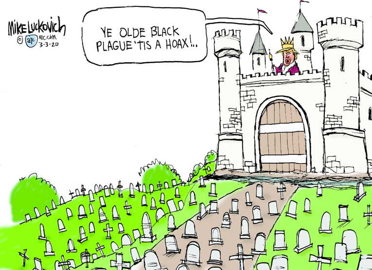 Political/Editorial Cartoon by Mike Luckovich, Atlanta Journal-Constitution on Trump Attempts to Reassure Nation