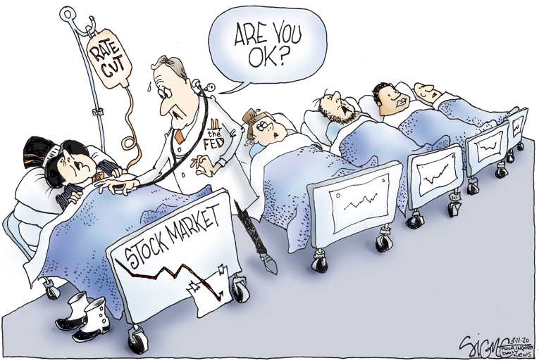 Political/Editorial Cartoon by Signe Wilkinson, Philadelphia Daily News on Dow Jones Drops 20%