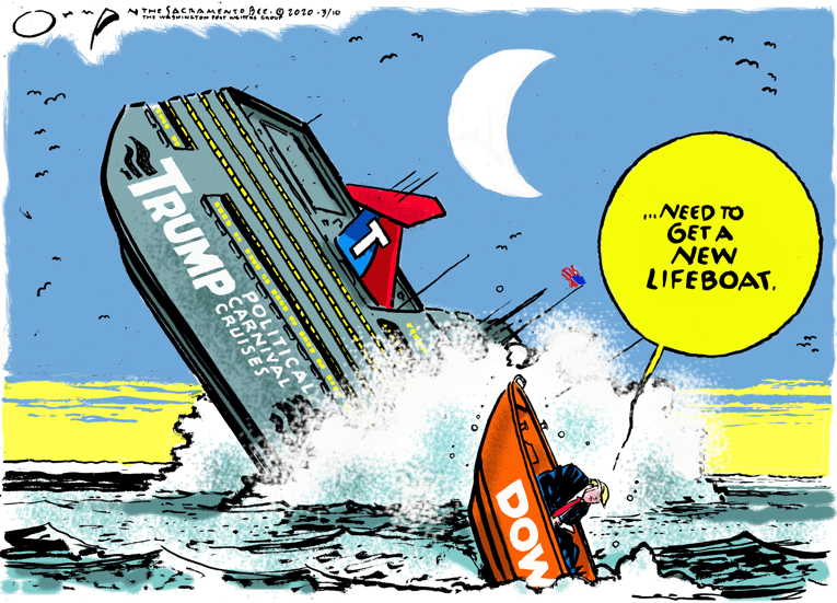 Political/Editorial Cartoon by Jack Ohman, The Oregonian on Dow Jones Drops 20%