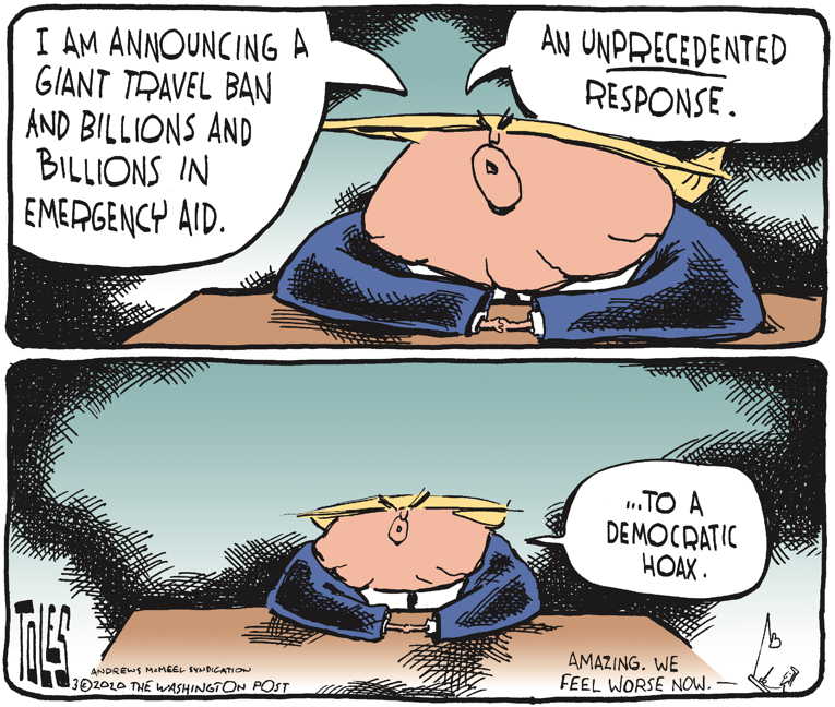 Political/Editorial Cartoon by Tom Toles, Washington Post on Coronavirus Hoax Spreading