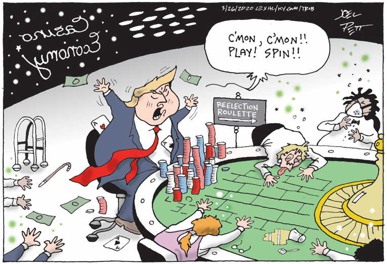 Political/Editorial Cartoon by Joel Pett, Lexington Herald-Leader, CWS/CartoonArts Intl. on Trump Downplays Pandemic