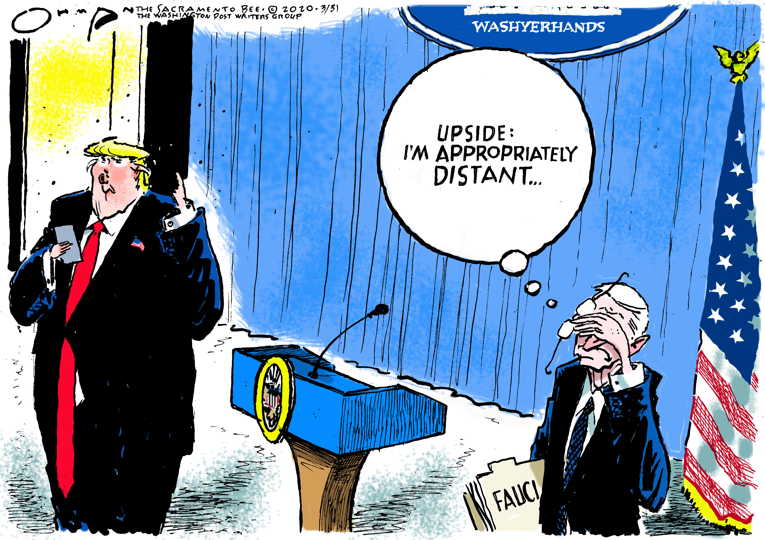 Political/Editorial Cartoon by Jack Ohman, The Oregonian on President Lauds Performance