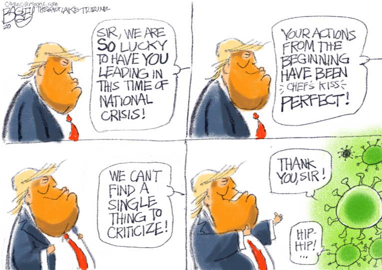 Political/Editorial Cartoon by Pat Bagley, Salt Lake Tribune on President Lauds Performance