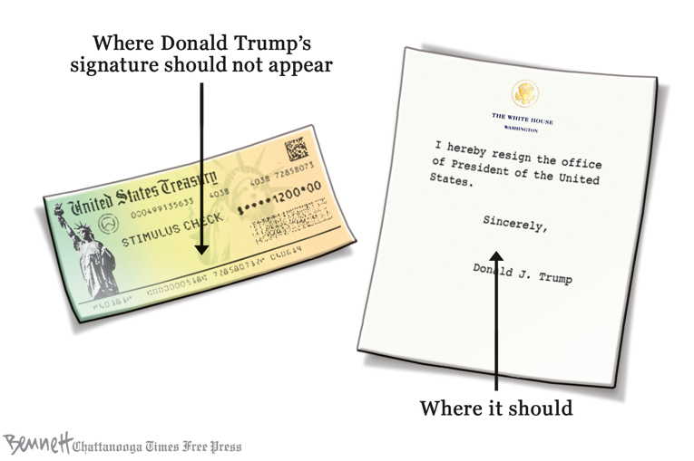 Political/Editorial Cartoon by Clay Bennett, Chattanooga Times Free Press on Checks Bear President’s Name