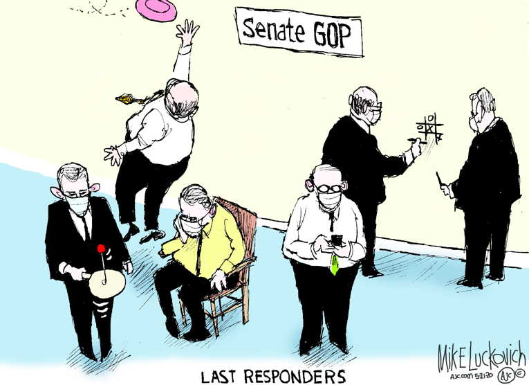 Political/Editorial Cartoon by Mike Luckovich, Atlanta Journal-Constitution on Further Aid on Hold