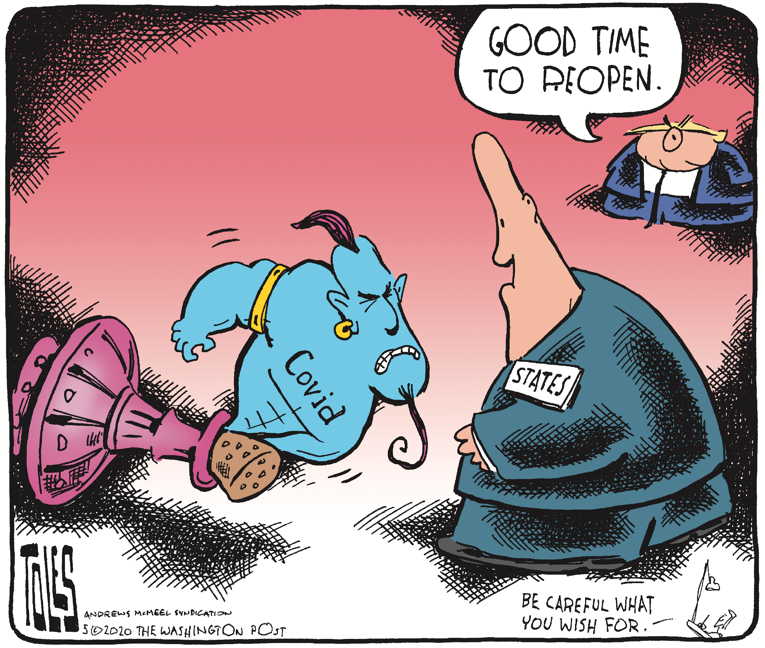 Political/Editorial Cartoon by Tom Toles, Washington Post on President Leading Reopening