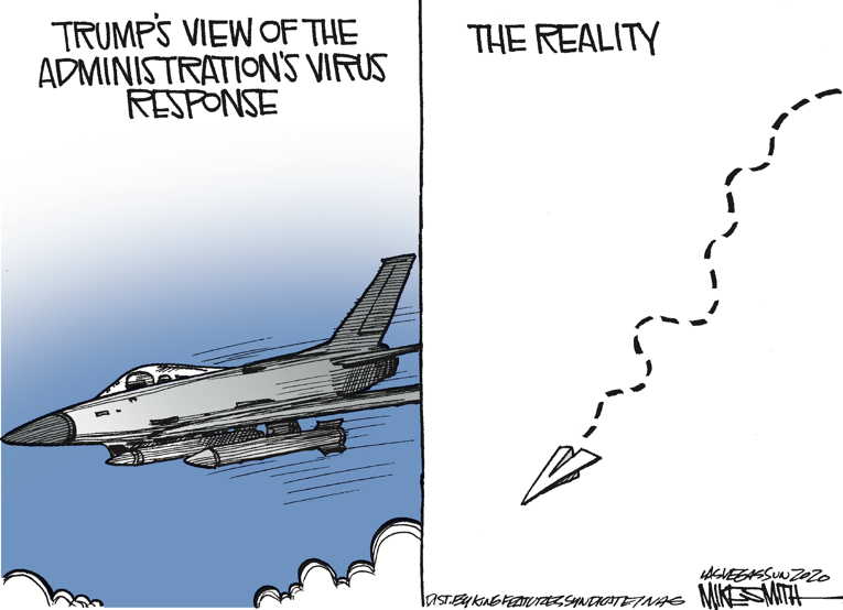 Political/Editorial Cartoon by Mike Smith, Las Vegas Sun on President Leading Reopening