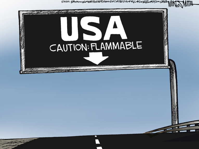 Political/Editorial Cartoon by Mike Smith, Las Vegas Sun on America Erupts