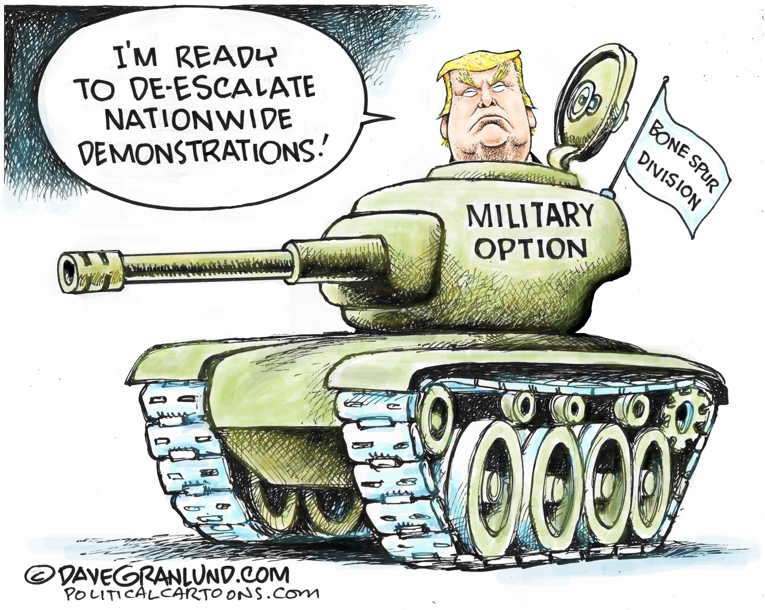 Political/Editorial Cartoon by Jack Ohman, The Oregonian on Trump Threatens Military Action