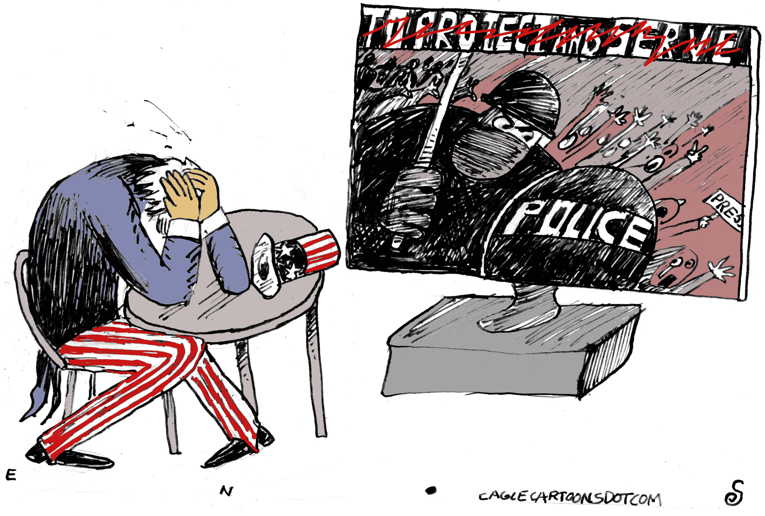 Political/Editorial Cartoon by Randall Enos, Cagle Cartoons on Americans Watch Battles Unfold