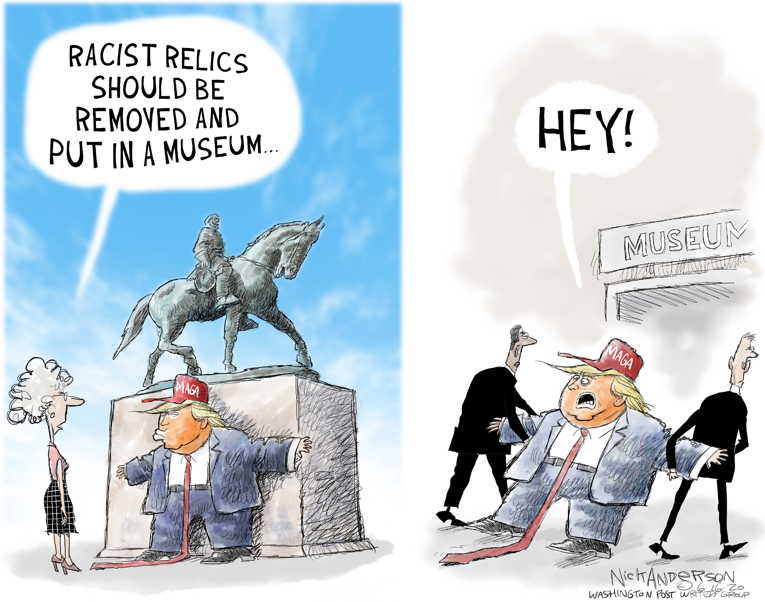 Political/Editorial Cartoon by Nick Anderson, Houston Chronicle on Racist Statues Fall