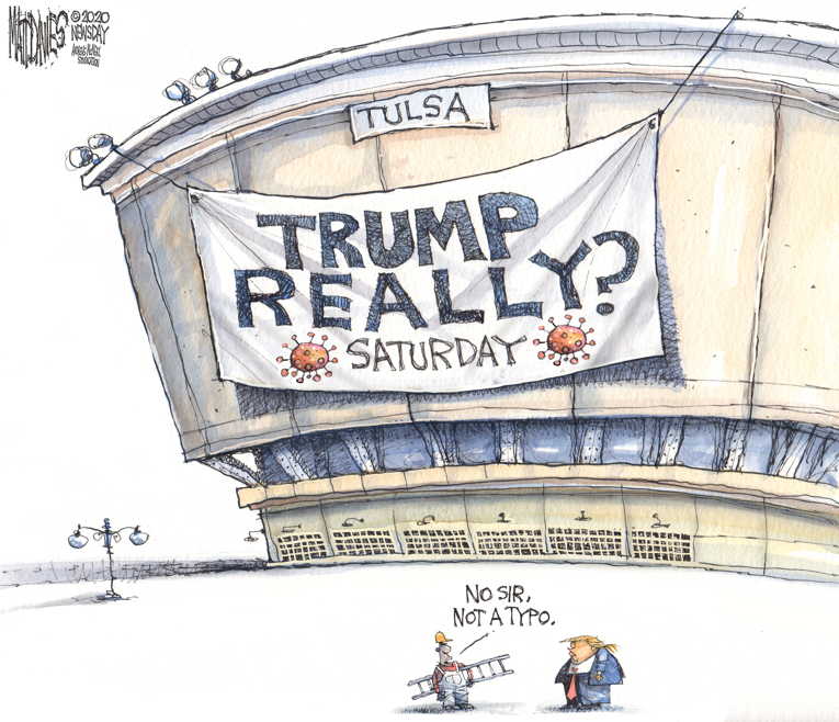 Political/Editorial Cartoon by Matt Davies, Journal News on Trump Rallies in Tulsa