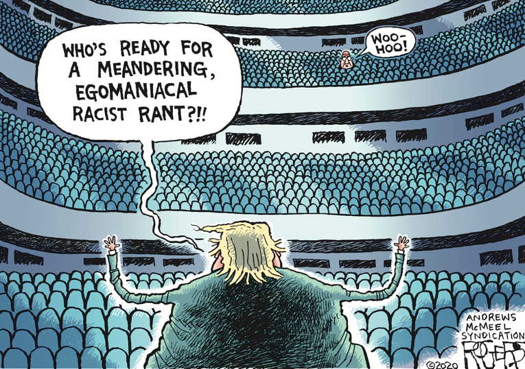 Political/Editorial Cartoon by Rob Rogers on Trump Rallies in Tulsa