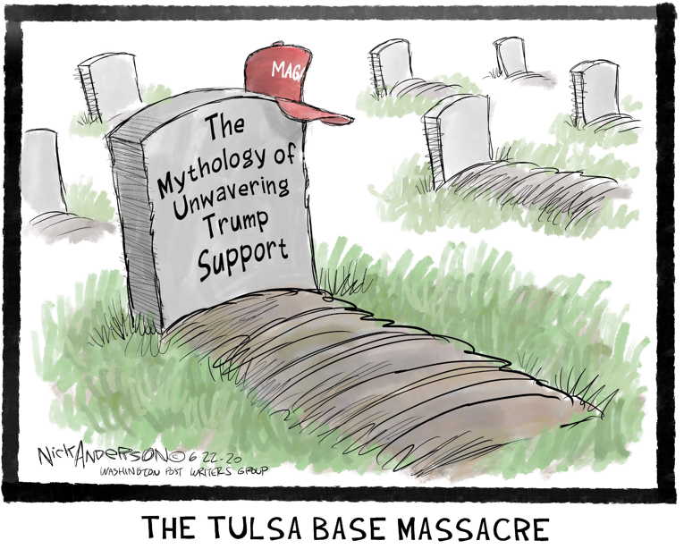 Political/Editorial Cartoon by Nick Anderson, Houston Chronicle on Trump Rallies in Tulsa