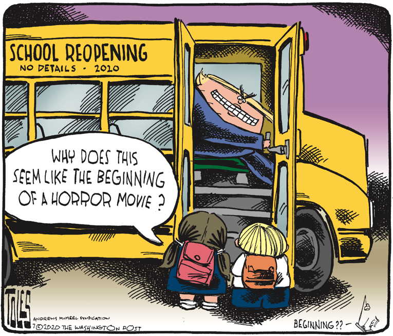 Political/Editorial Cartoon by Tom Toles, Washington Post on President Threatens Schools