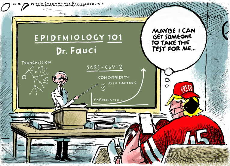 Political/Editorial Cartoon by Jack Ohman, The Oregonian on President Threatens Schools