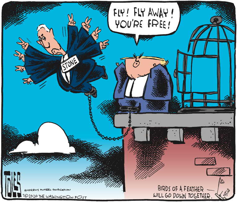 Political/Editorial Cartoon by Tom Toles, Washington Post on Trump Commutes Stone Sentence