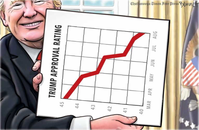 Political/Editorial Cartoon by Clay Bennett, Chattanooga Times Free Press on Trump Lauds President