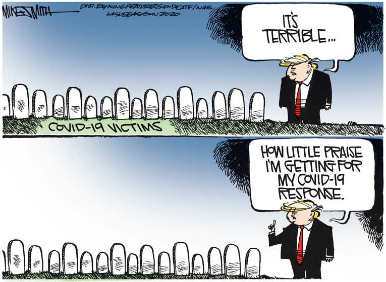 Political/Editorial Cartoon by Mike Smith, Las Vegas Sun on U.S. Covid Death Toll: 166,000