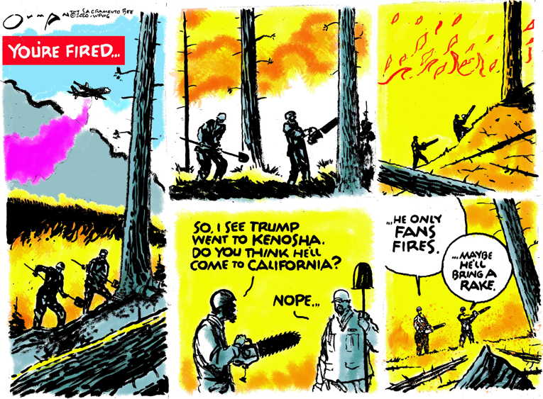 Political/Editorial Cartoon by Jack Ohman, The Oregonian on Fires Ravage Western States