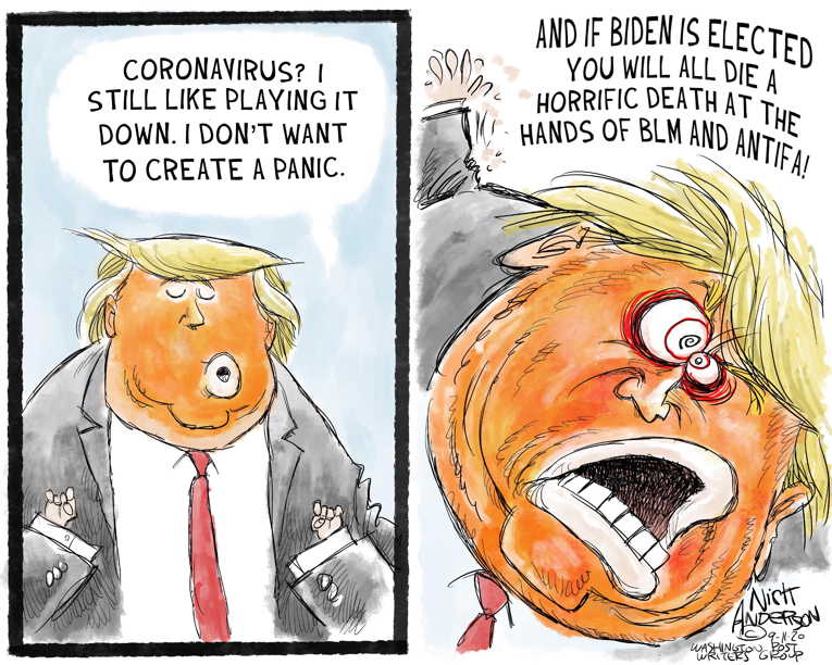 Political/Editorial Cartoon by Nick Anderson, Houston Chronicle on Woodward: Trump Misled on Virus