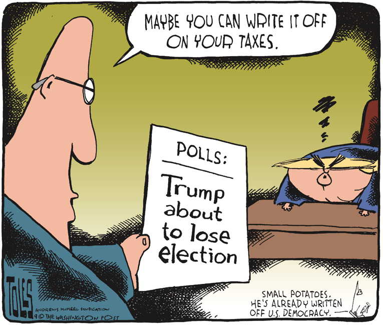 Political/Editorial Cartoon by Tom Toles, Washington Post on Trump Trails Biden